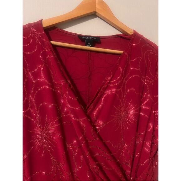 Perceptions Petite XL Short Sleeve Glitter Floral Dress Red Asymmetrical Holiday - Picture 5 of 15